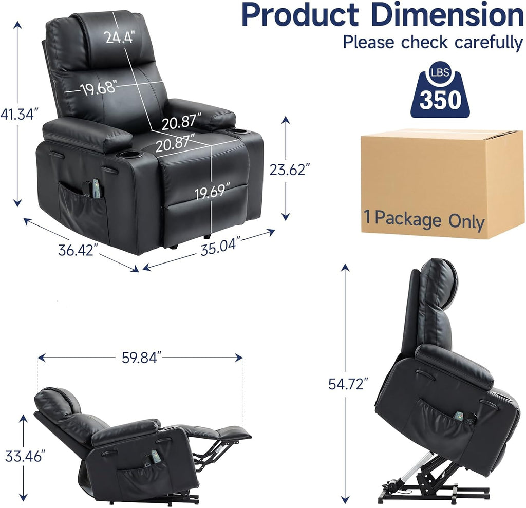 Power Lift Recliner Chair for Elderly with Massage & Heat, PU Leather Electric Recliner with USB Charge Port, 160°