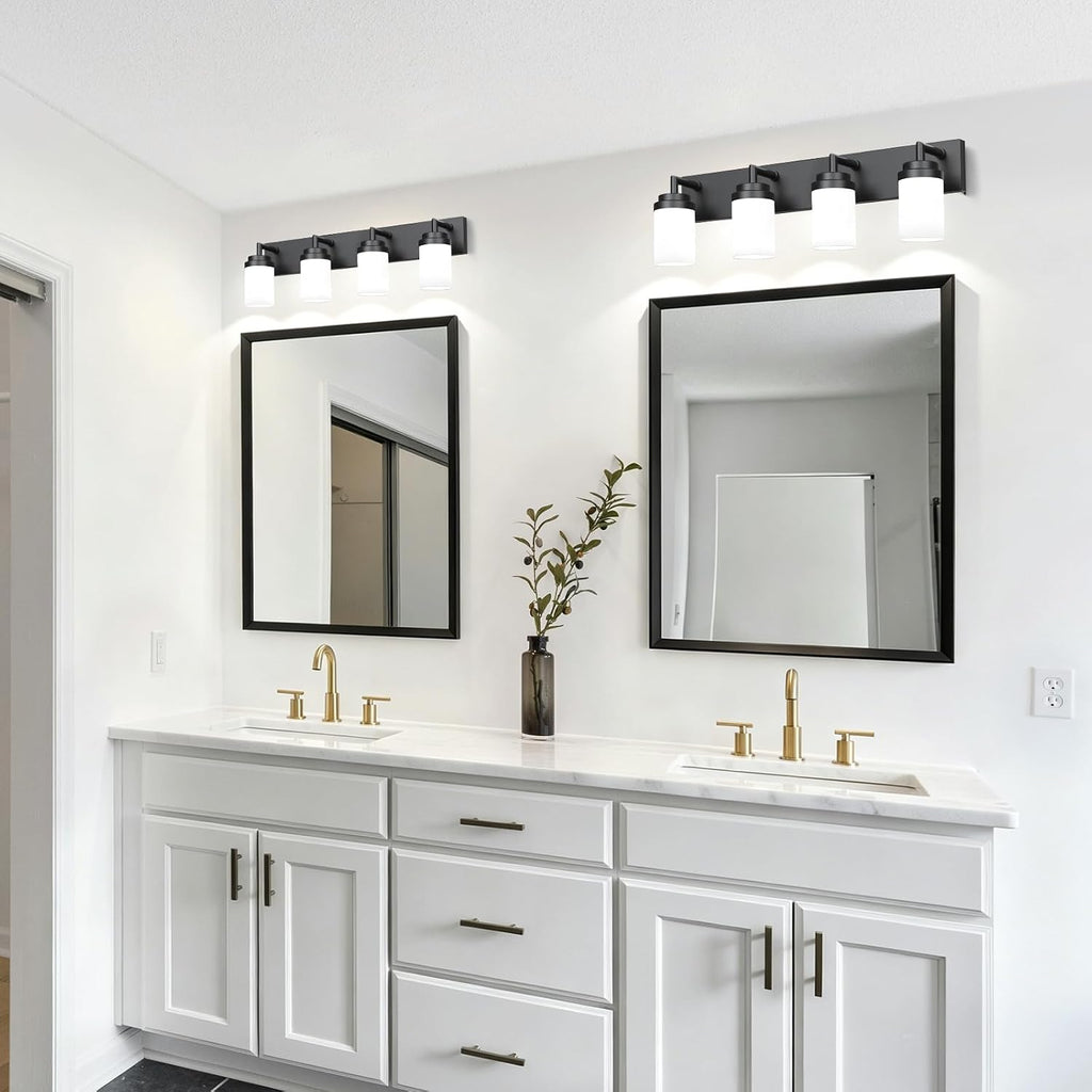 Bathroom Light Fixtures, Matte Black Bathroom Lighting Fixtures Over Mirror, Modern Vanity Light with White Glass