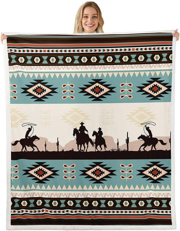 Western Cowboys Plush Throw Blanket,Boho Aztec Ethnic Flannel Fleece Blanket for Boys Girls Teens All Season,Bohemia