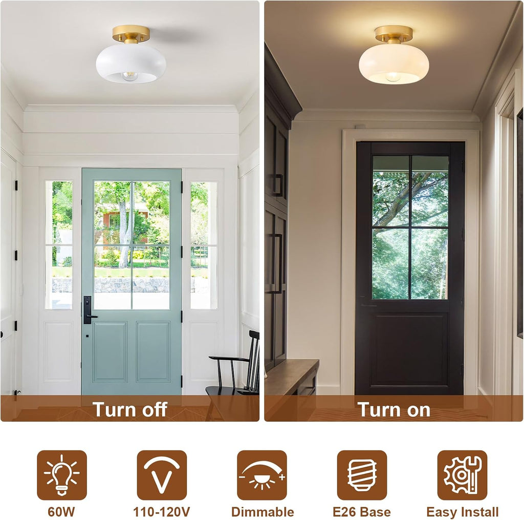 Mid-Century Modern Gold Semi Flush Ceiling Light 8.66 Inch | Mini White Glass Shade Close to Ceiling Lighting Fixture