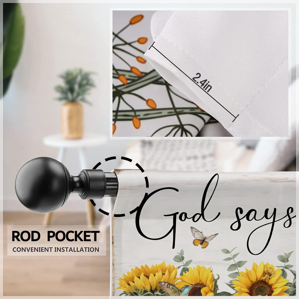 Sunflower Inspirational Kitchen Curtain 26W X 30L Inch 2 Panel Rod Pocket Yellow Floral God Says You are Quotes
