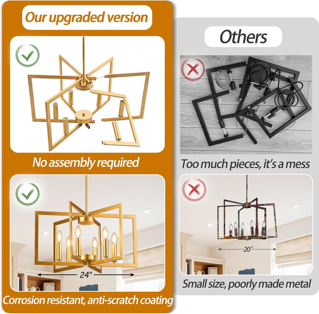 Modern Gold Chandelier 6 Light Height Adjustable Geometric Metal Farmhouse Hanging Light Fixture for Dining Room Over
