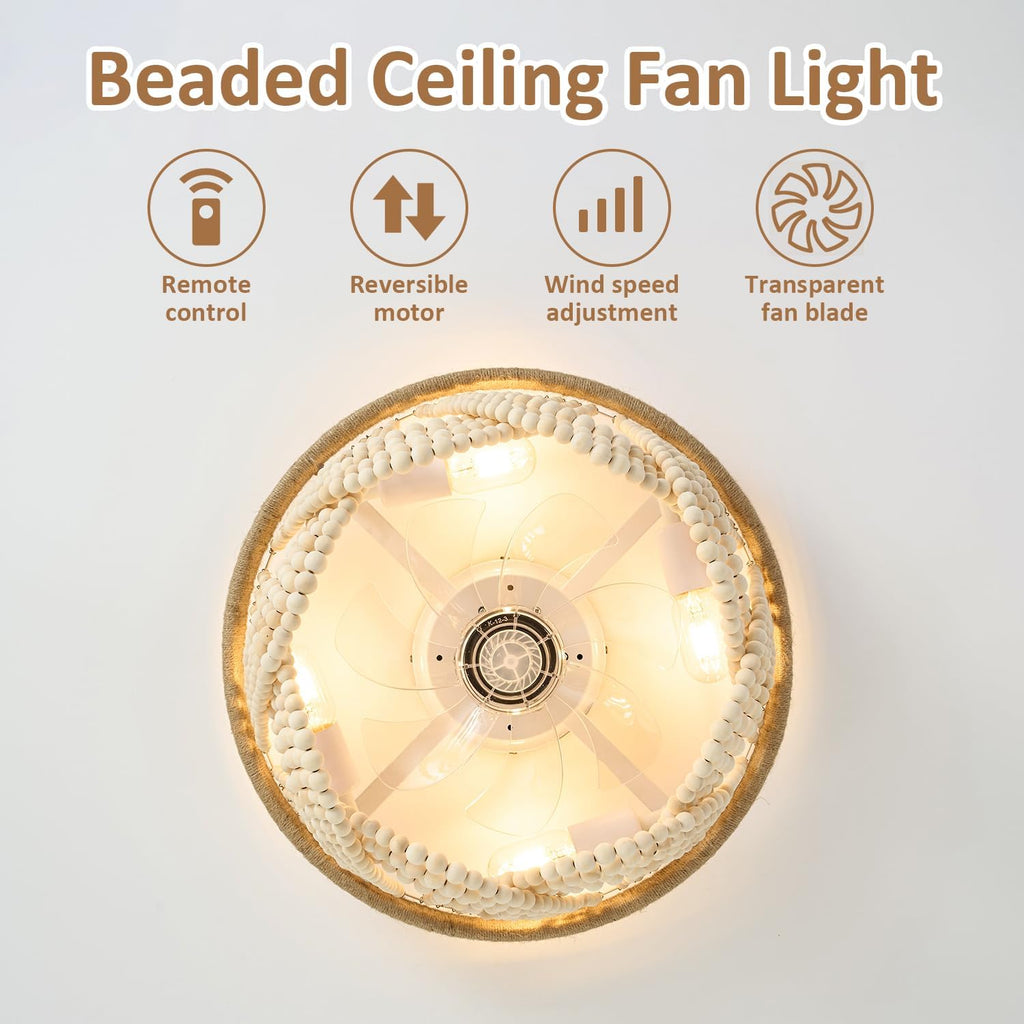 20" Boho Ceiling Fan with Light, Coastal Fandelier Ceiling Fans with Lights and Remote Control