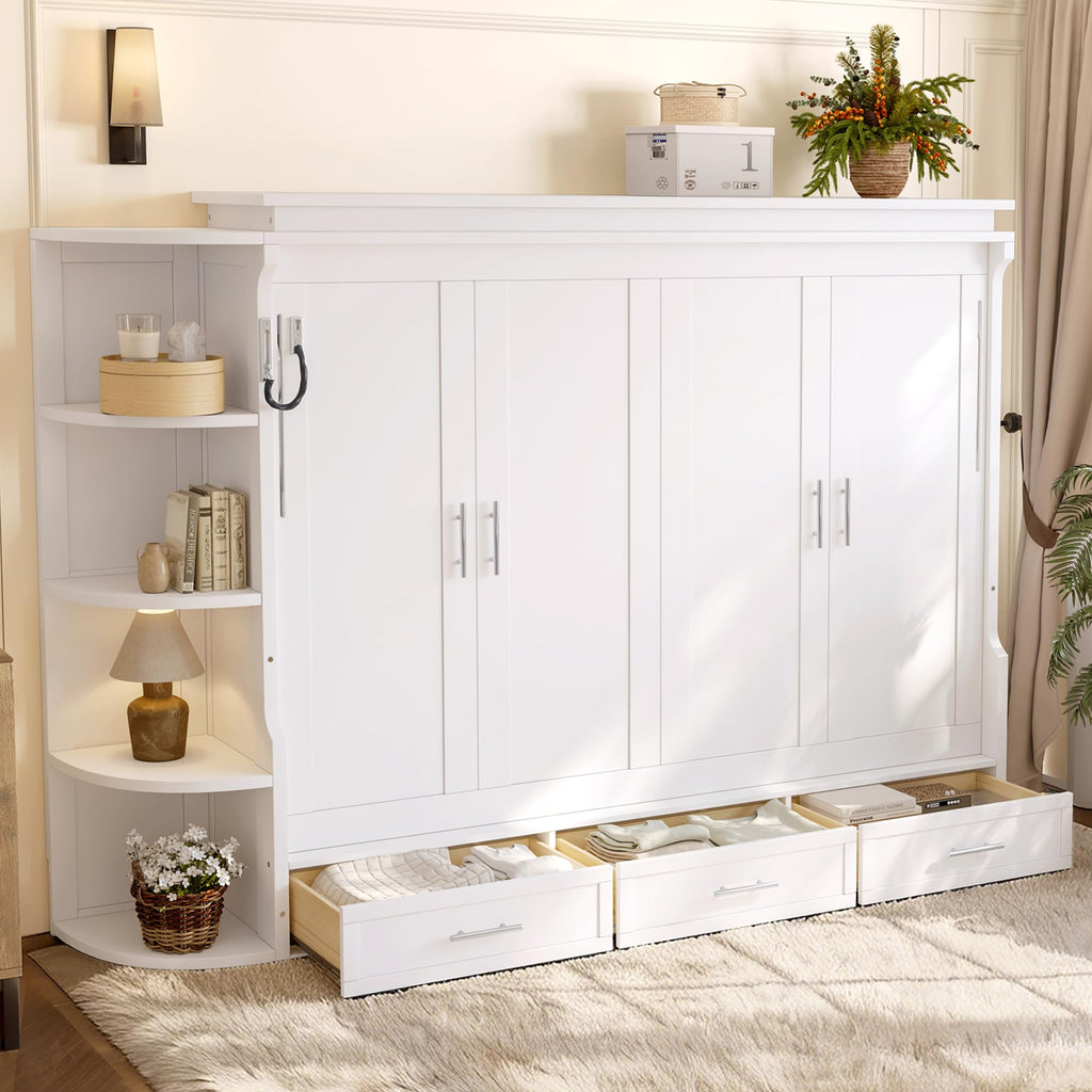 Full Size Horizontal Cabinet Murphy Bed with Side Cabinets, White