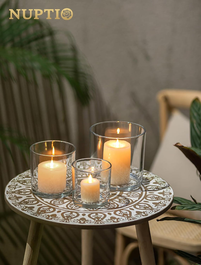 Thick Glass Hurricane Pillar Candle Holders, Set of 3 | Heavy Clear Walls, Wide Low-Profile Cylinders for Easy Use, 3