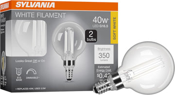 G16.5 Clear Globe LED White Filament Bulb, 3.5W, Dimmable, 350 LMS, Candelabra Base, 2700K, Soft White - 2 Pack (42243)