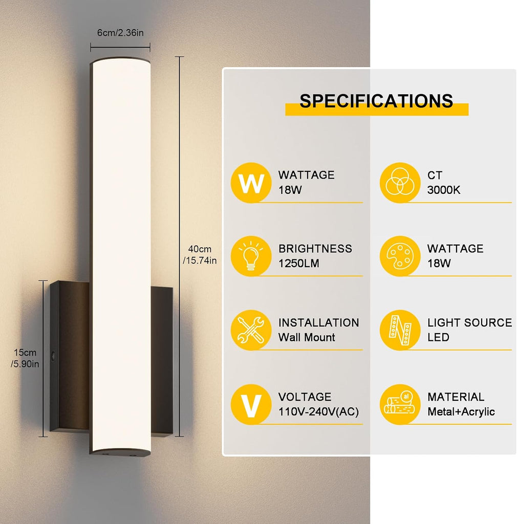 15.7 Inches Modern Bathroom Led Wall Sconces,18W 3000K Hardwired Wall Light with White Acrylic Lampshade,Indoor