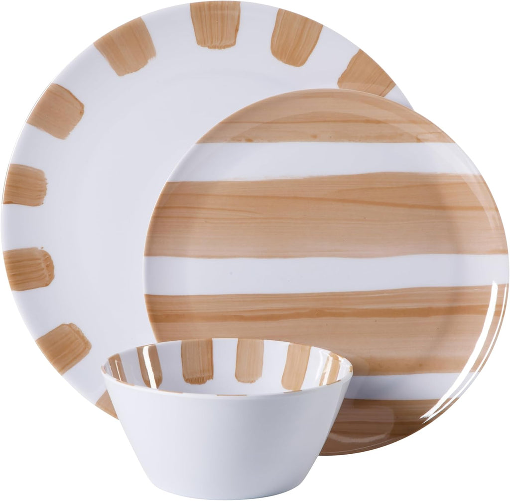 Cottage Stripes 12-Piece Melamine Plates and Bowls Dinnerware Set - Outdoor, Camping, & Everyday Use - Assorted Colors