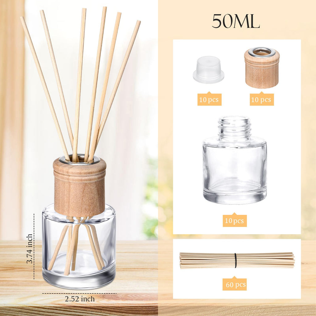 10 Set Reed Diffuser Bottle Empty Refillable Fragrance Glass Diffuser Bottles Set with Wooden Caps Sticks 50ml 1.7 oz