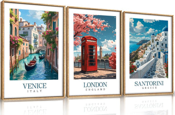 Italy Coast Wall Art Framed, Blue Europe Cityscape Italian Wall Decor set of 3 (16"x24"), Venice London Santorini