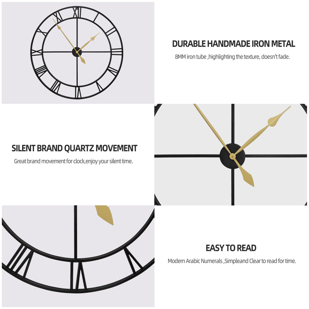 40 Inch Extra Large Modern Wall Clock, Oversize Rustic Round Nearly Silent Battery Operated, Black Metal Roman