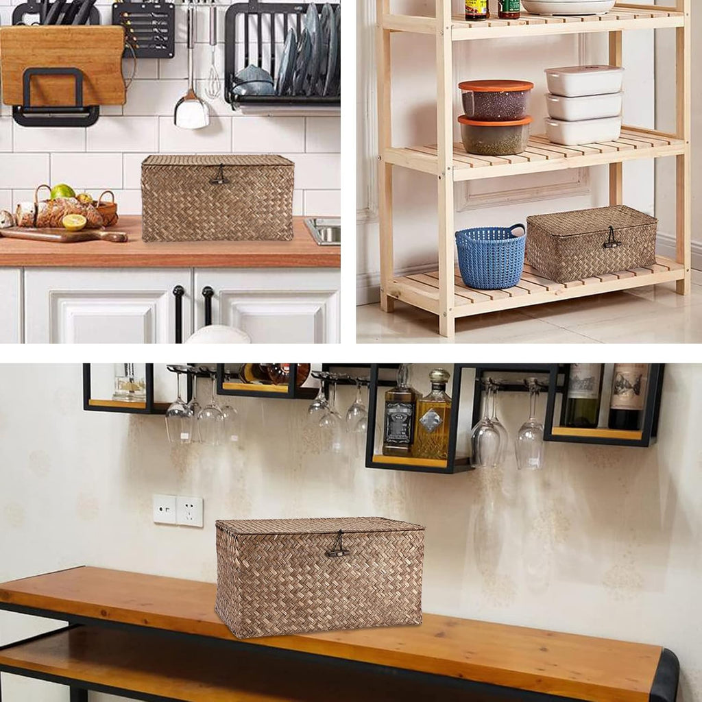 Wicker Shelf Baskets Storage Bin with Lid Handwoven Seagrass Basket | Rectangular Household Basket Boxes for Shelf
