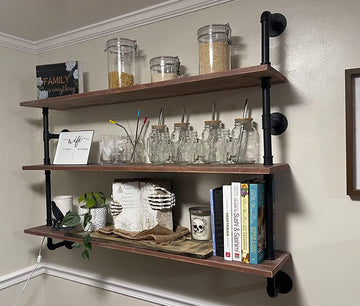 Industrial Pipe Floating Shelves, 48 Inch Rustic Wood Wall Shelf | Real Pine wood shelves with metal pipe brackets