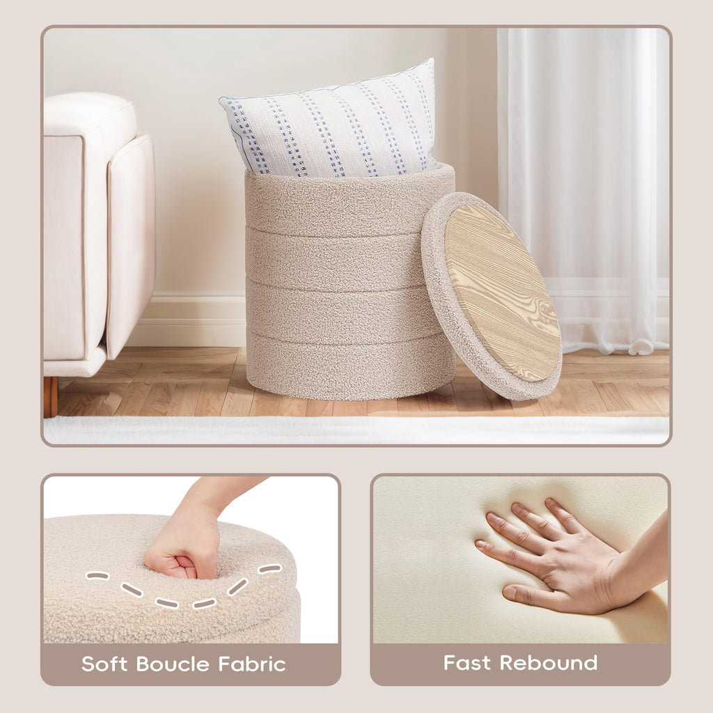 Compact Round Folding Storage Ottoman, Beige Boucle Footstool