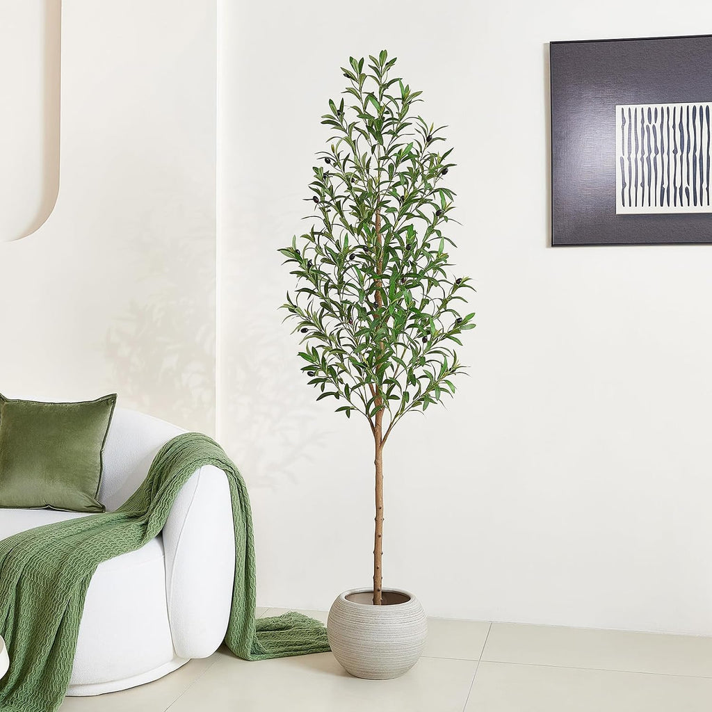 6FT Artificial Olive Tree Indoor - Real Wood Trunk Tall Faux Olive Tree, Large Fake Potted Plant Decor Living Room&