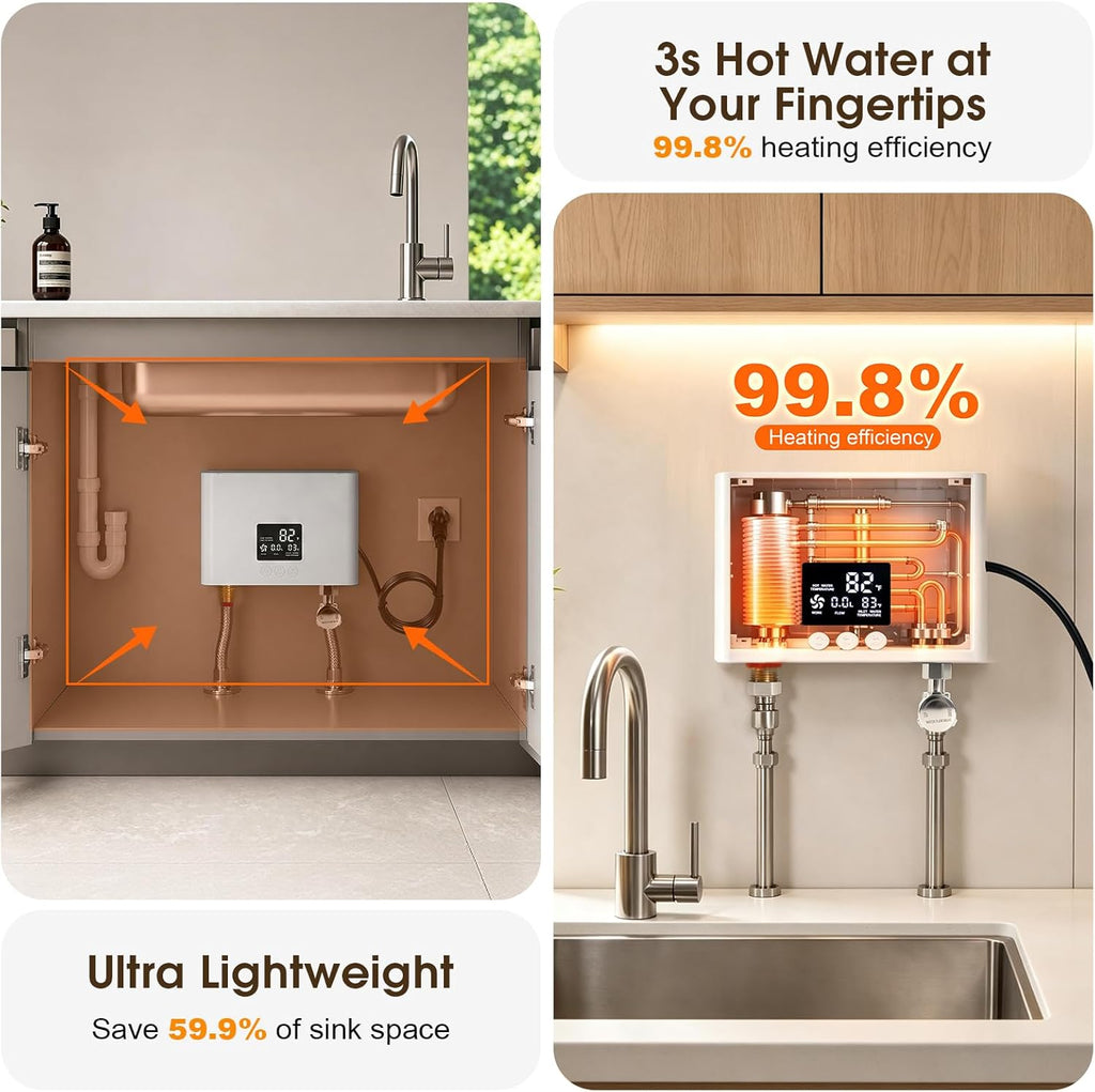 Electric Tankless Water Heater 3000W 110V, Instant On-Demand Hot Water System with Digital Display & Remote Control