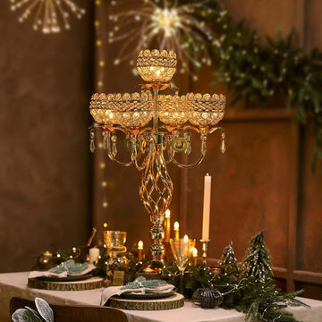 Elegant 5-Arm Candelabra Centerpiece with Crystal Pendants - 23.6 Inch Tall Table Centerpiece for Weddings, Parties