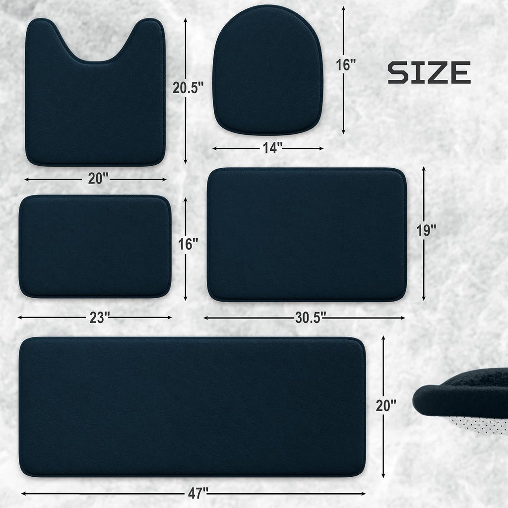 5-Piece Memory Foam Bathroom Rug Set, Non-Slip - Navy Blue | Machine Washable & Ultra-Soft Memory Foam Bath Mats.