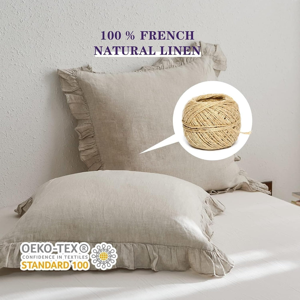 100% Linen Euro Sham Covers with Ruffle, 26x26 Inch Pillow Covers Set of 2, Euro Pillow Shams, Natural Linen