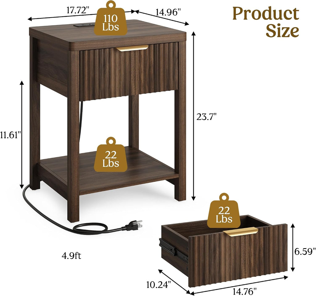 Night Stand Set 2, Fluted Nightstand with Charging Station, Wood Modern Bedside End Table with Storage Drawer , Save