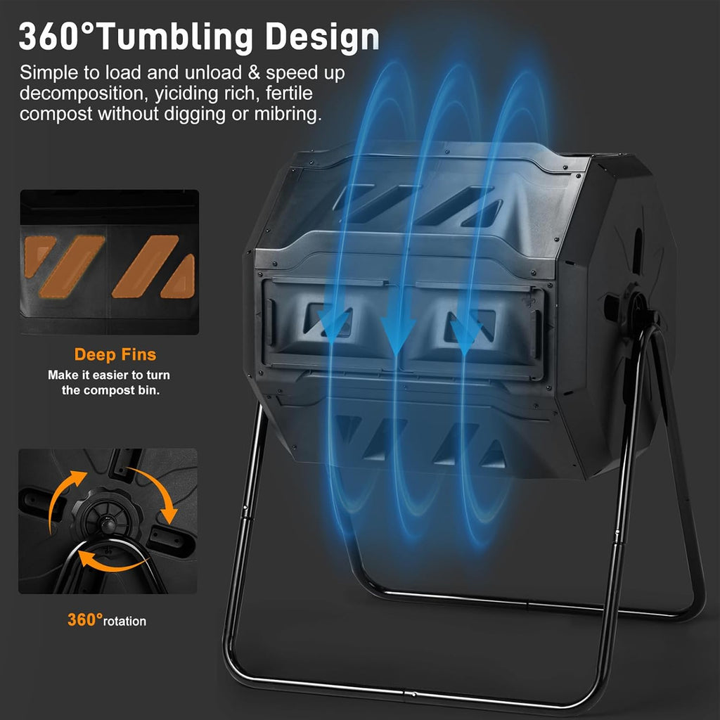 Outdoor Dual Chamber Compost Tumbler, 43 Gallon Black Rotating Batch Compost Bin with Sliding Doors Kitchen Yard