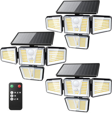 Solar Flood Lights, 3600LM 270° Motion Sensor Outdoor Lights-Remote | 4 Heads 3 Modes Solar Lights Outdoor, Glass