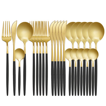Gold Black Silverware Set, 24 pcs Golden Flatware for 6, Black and Gold Flatware, Stainless Steel Silverware