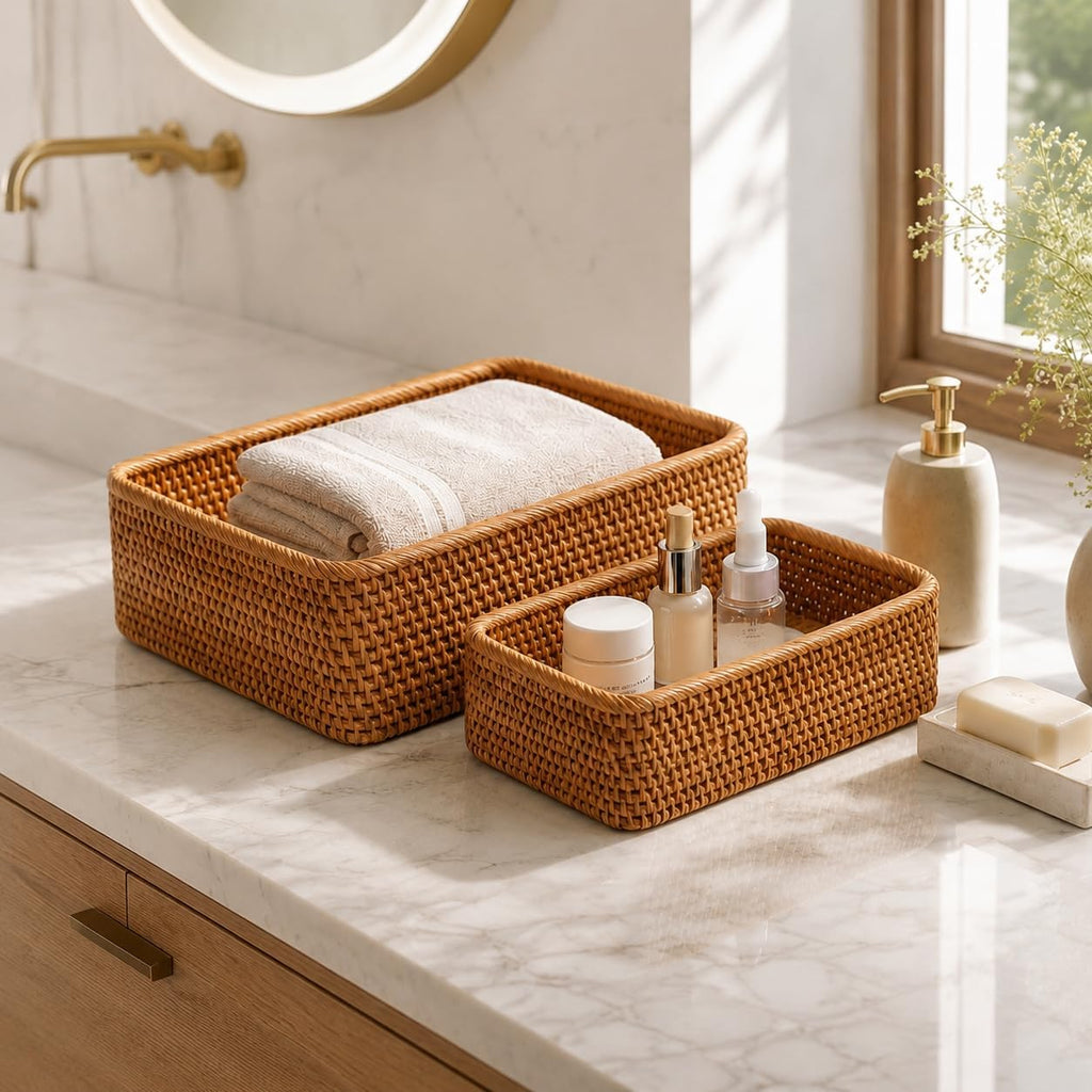 3 Pack Natural Rattan Storage Baskets, Rectangular Woven Fruit Baskets for Decor, Handmade Woven Nesting Bread