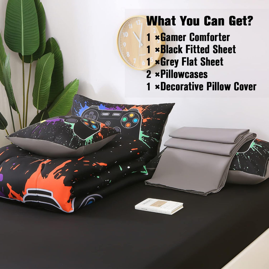 Gamer Comforter Sets for Boys&Girls,6 Piece Bed in A Bag 3D Video Game Bedding-All Season Microfiber Gamer