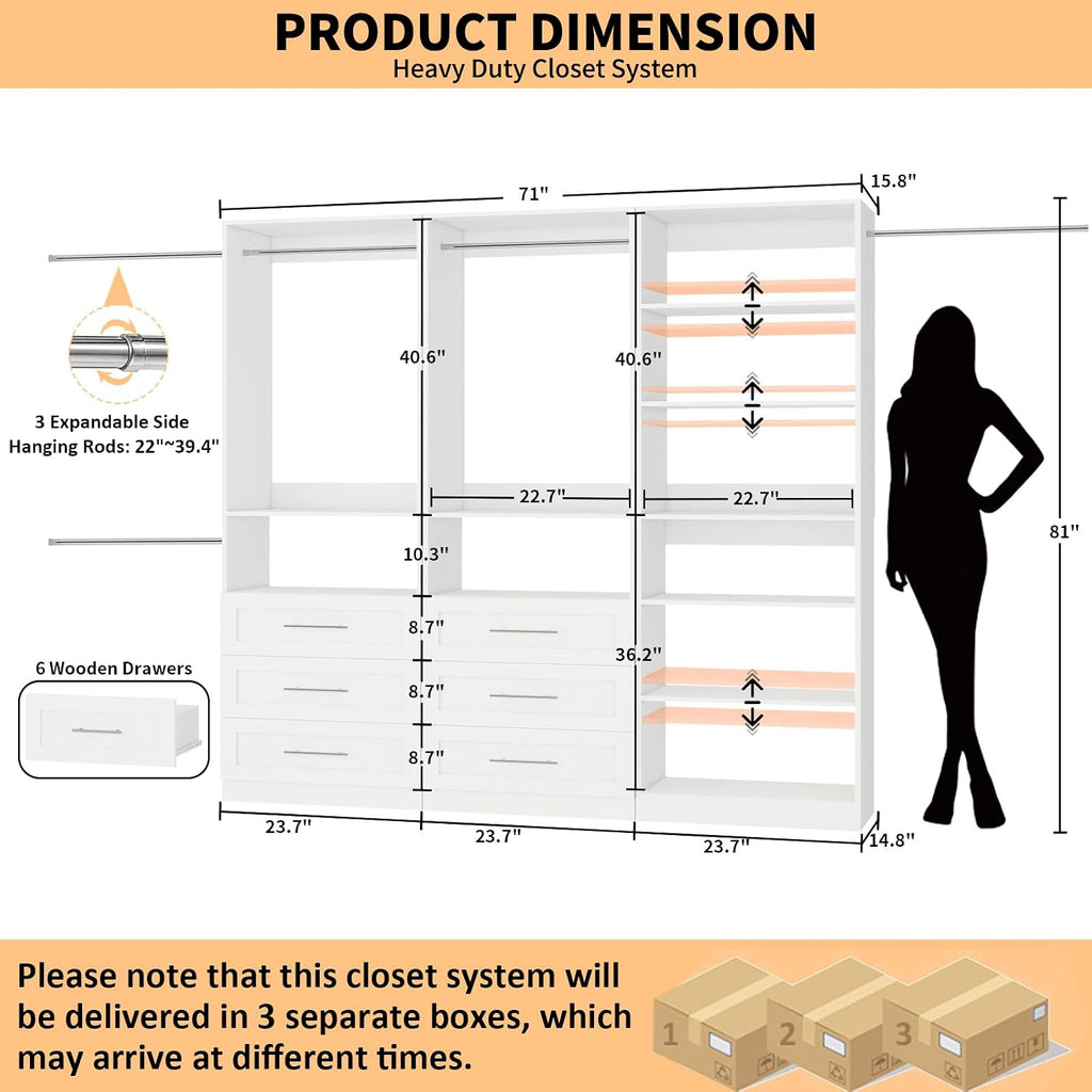Closet System with 3 Sets, 6-15.8FT Custom Closet Organizer System with 6 Drawers & 8 Shelves & 5 Hanging Rods, Max