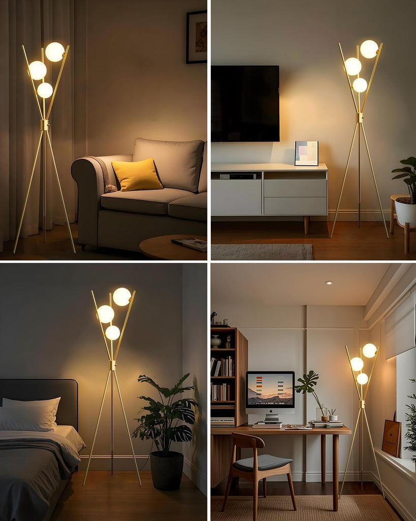 Tripod Floor Lamp Stepless Dimmable Globe Modern Floor Lamp Gold Standing Lamps with Stable Base& 3PCS 3000K Bulbs
