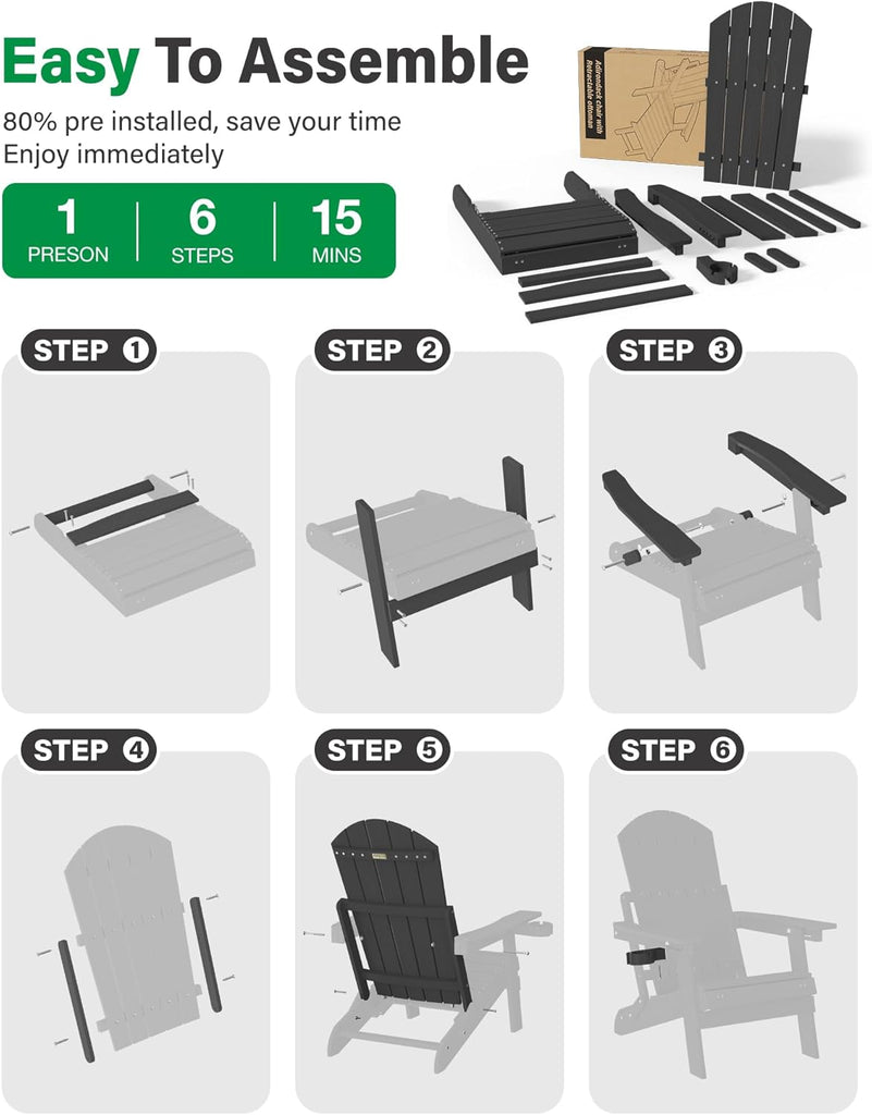Adjustable Adirondack Chair with Footrest,All-Weather, Black | 5-Level Adjustable Backrest, Folding Fire Pit Chairs