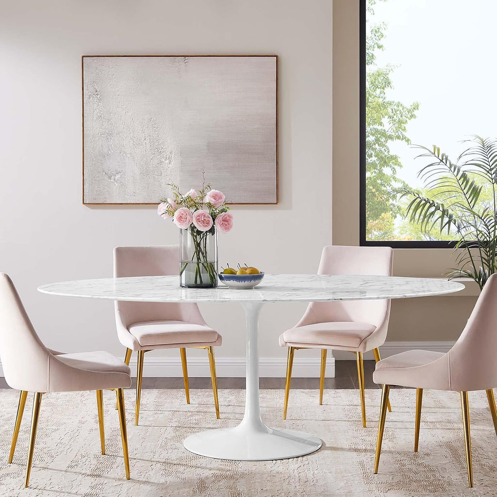 Inspired Saarinen Style Tulip Oval Pedestal Dining Table — White Base / Marble Top, 78″ Oval