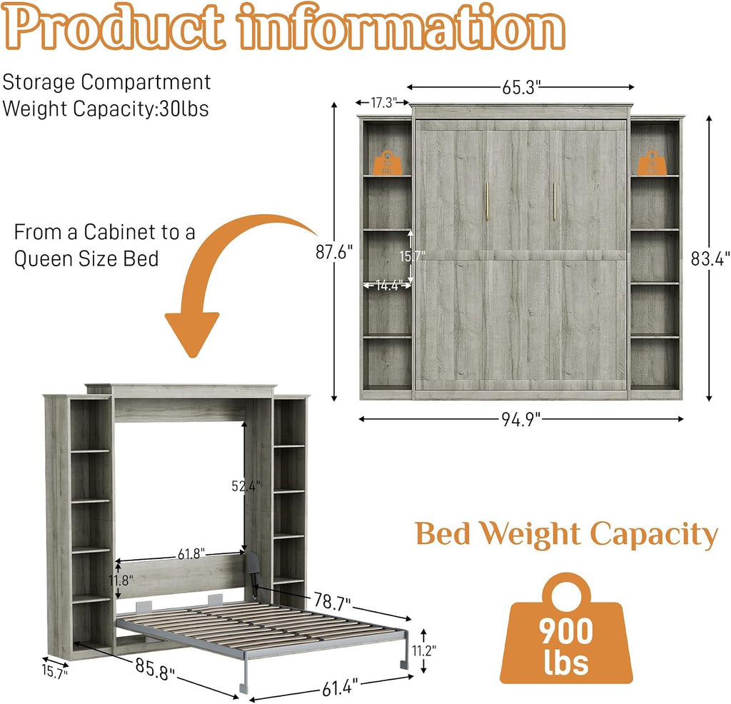 Queen Murphy Bed with 2 Storage Cabinet, Farmhouse Wood Hidden Foldable Wall Bed Frame, Space Saving Beds with