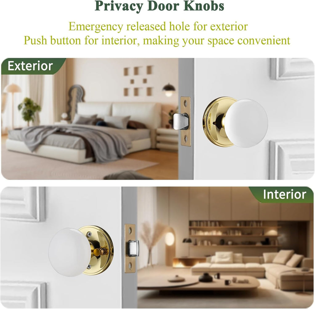 White Door Knobs, Waterproof and Easy Clean Door Knobs Interior, Anti-Scratch Gold Porcelain Door Handles