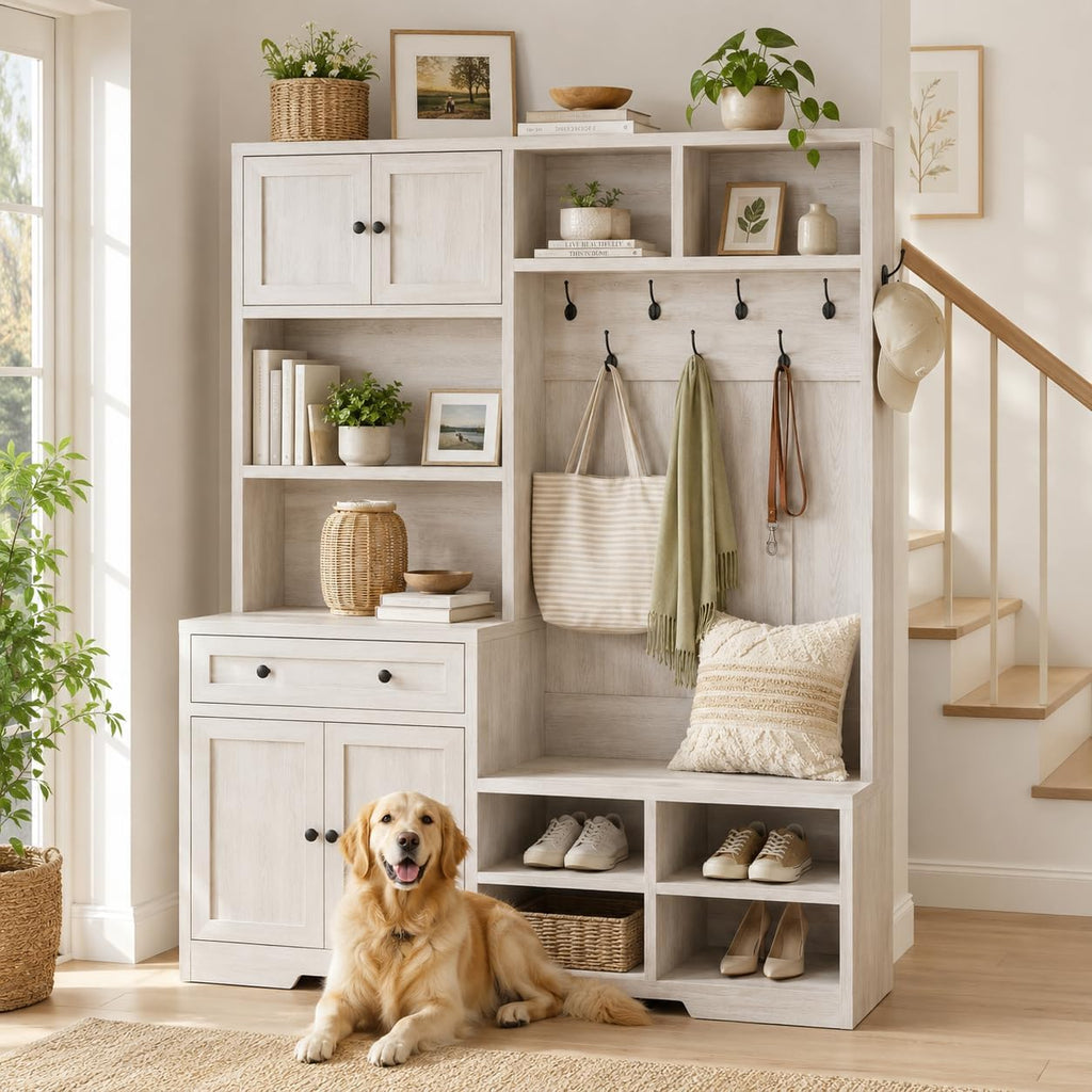 5-in-1 Hall Tree with Bench and Shoe Storage, 51" W Entryway Organizer Coat Rack with 9 Hooks, 2 Storage Cabinets