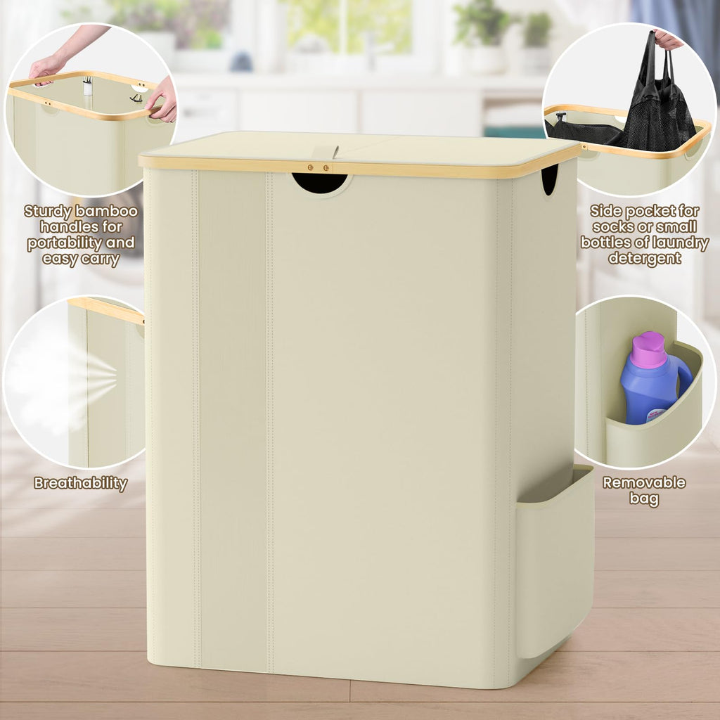 100L Laundry Basket Hamper with Lid & Removable Bag,Beige