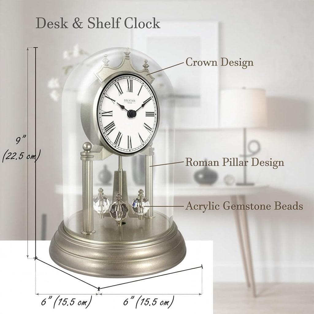 9" Genevieve Mantel Clock with Revolving Pendulum, 50th Anniversary Clock Glass Dome, Wedding Gifts