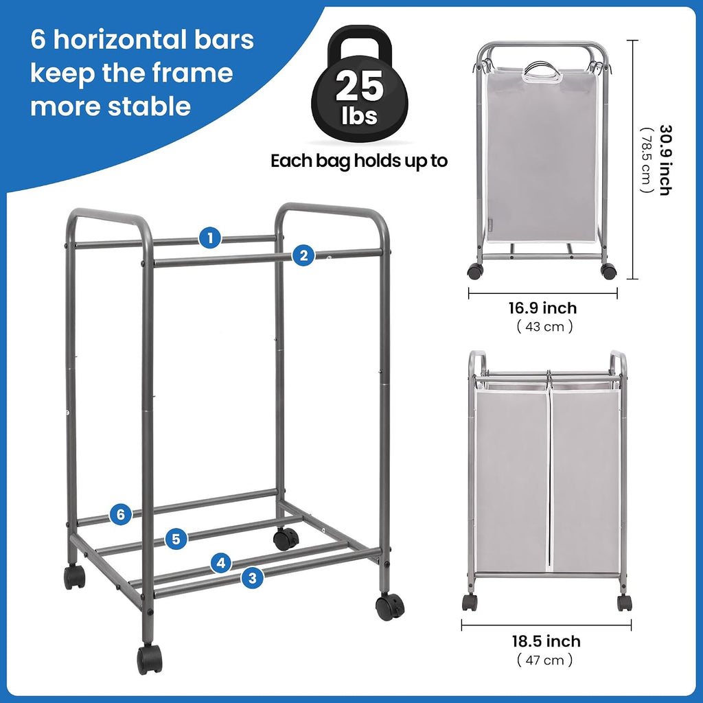 Laundry Sorter 2 Section, 90 L Gal Laundry Hamper with Wheels, Clothes Basket Separator Sorter, 2 Bag Rolling Cart