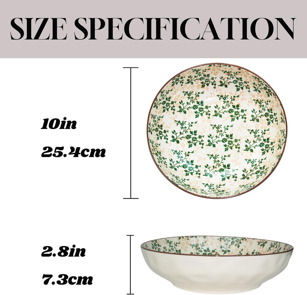 Large Serving Bowls, 78Oz Extra Large Salad Bowls Set of 2, Green Floral Pattern Design Decorative Bowls for Salad
