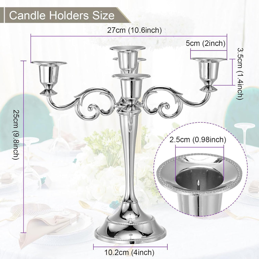 Candelabra Candle Holders, 5 Arm Metal Candlestick Stand for Taper Candles, 10.5 inch Tall Candle StandDecor, Silver