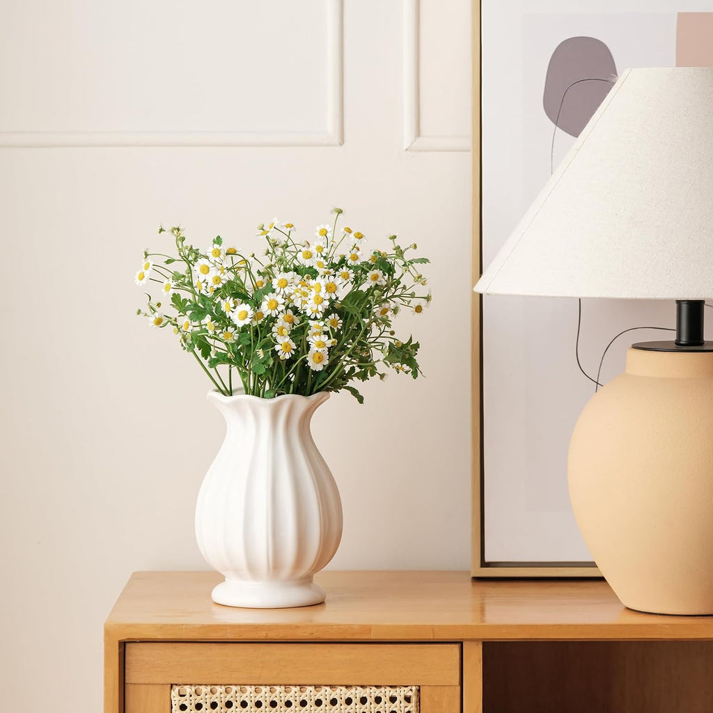 White Ceramic Vase, 7.8 Inch Flower Vase Home Decor Modern Decorative Vases