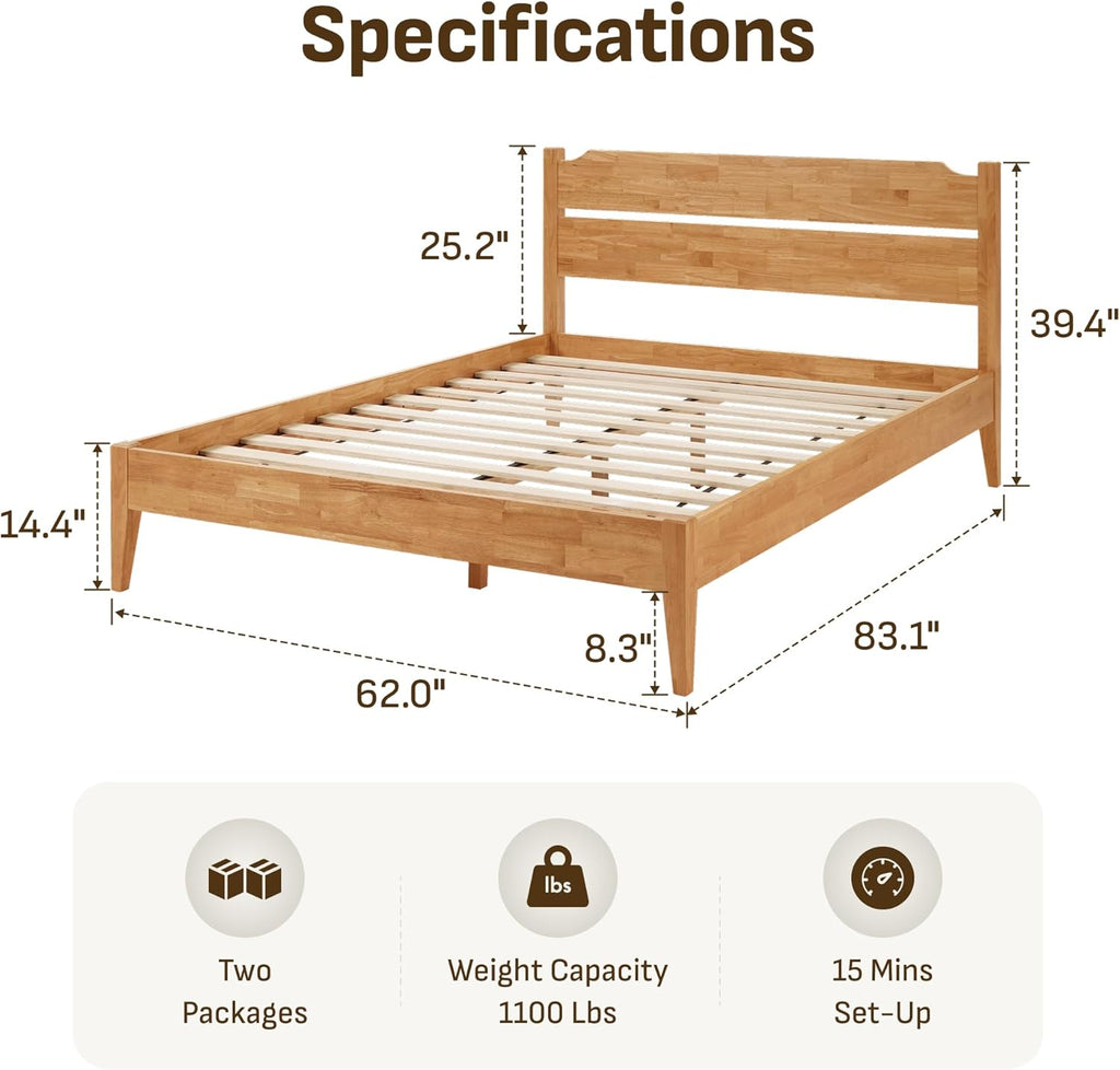 Queen Solid Wood Bed Frame with Headboard, 1100 Lbs Heavy Duty Rubberwood Platform Bed, 15-Min Tool-Free