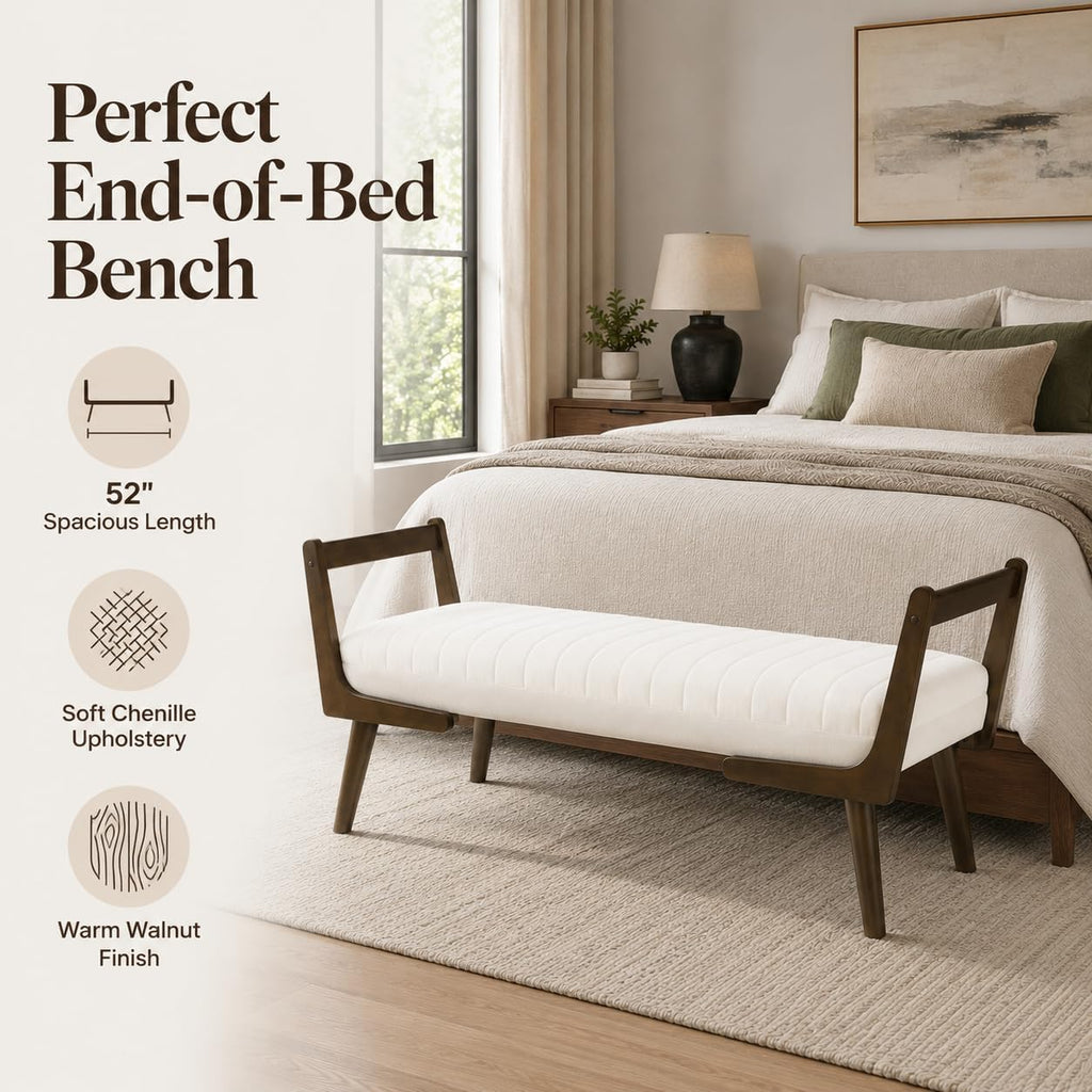 52" Upholstered Bench, Beige Chenille, Walnut Legs | Mid-century modern ottoman with high-resilience foam, sturdy