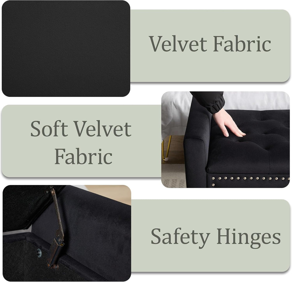 47in Velvet Storage Ottoman Bench with Arms, Upholstered Storage Bench with Wooden Legs, Storage Bench , Black