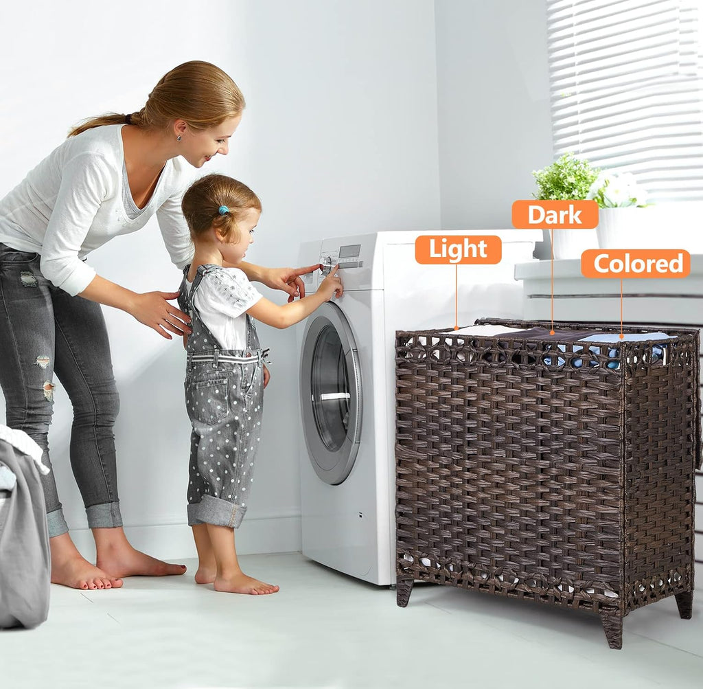Laundry Hamper with 3 Removable Liner Bags, 132L Laundry Sorter with Lid | Raised Feet; Side Carry Handles; Handwoven