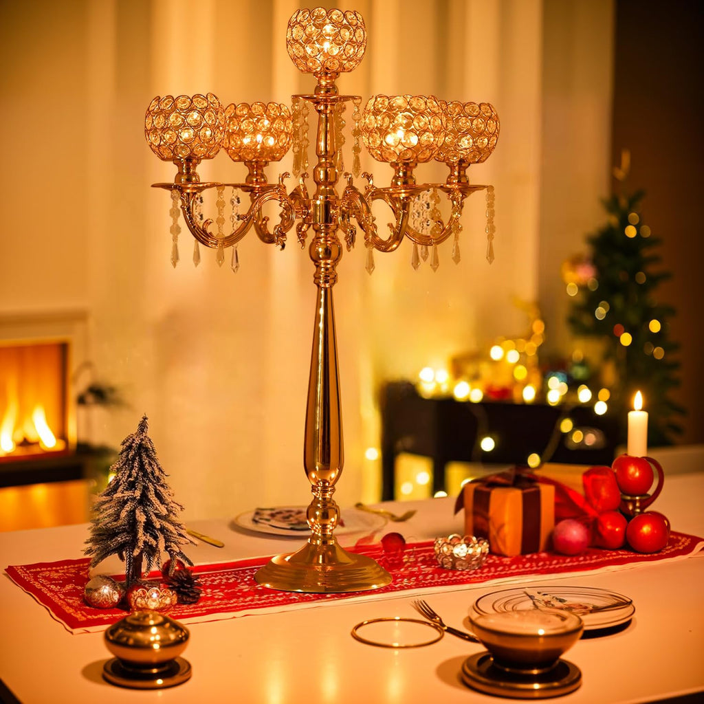4Sets 5 Arm Crystal Candelabra Centerpieces,29.5Inches Tall Silver Metal Candlestick Holders with 5 Flower Bowl Holdern