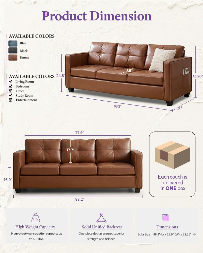 Brown Leather Sofa Couch Sectional Couches , Comfy Sofas with USB USB & Type C Charger, Home Office 3 Piece Living