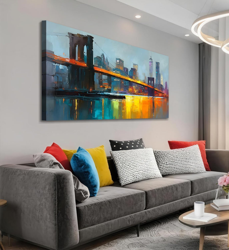 New York Brooklyn Bridge Canvas Wall Art | HD Print, night view cityscape painting, artwork for wall