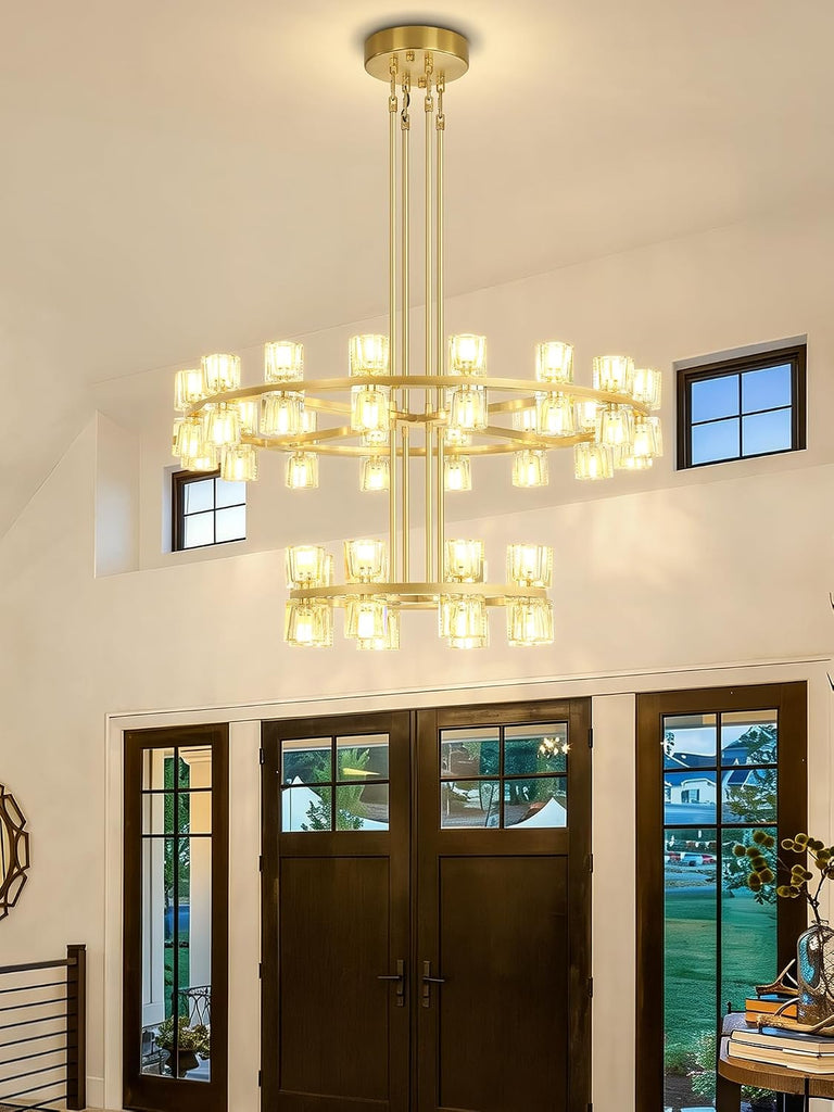 Inspired Arcachon Style 2-Tier Round Wagon Wheel Chandelier, 16" + 32" 48-Light Gold — Foyer, Great Room & Dining